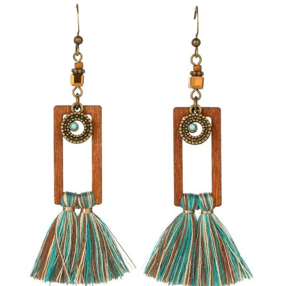 Boho Tribal Wooden Yarn Tassel Drop Earrings - Picture 2 of 2